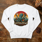 Handling It With Coffee Octopus Sweatshirt in White, an octopus juggling coffee mugs