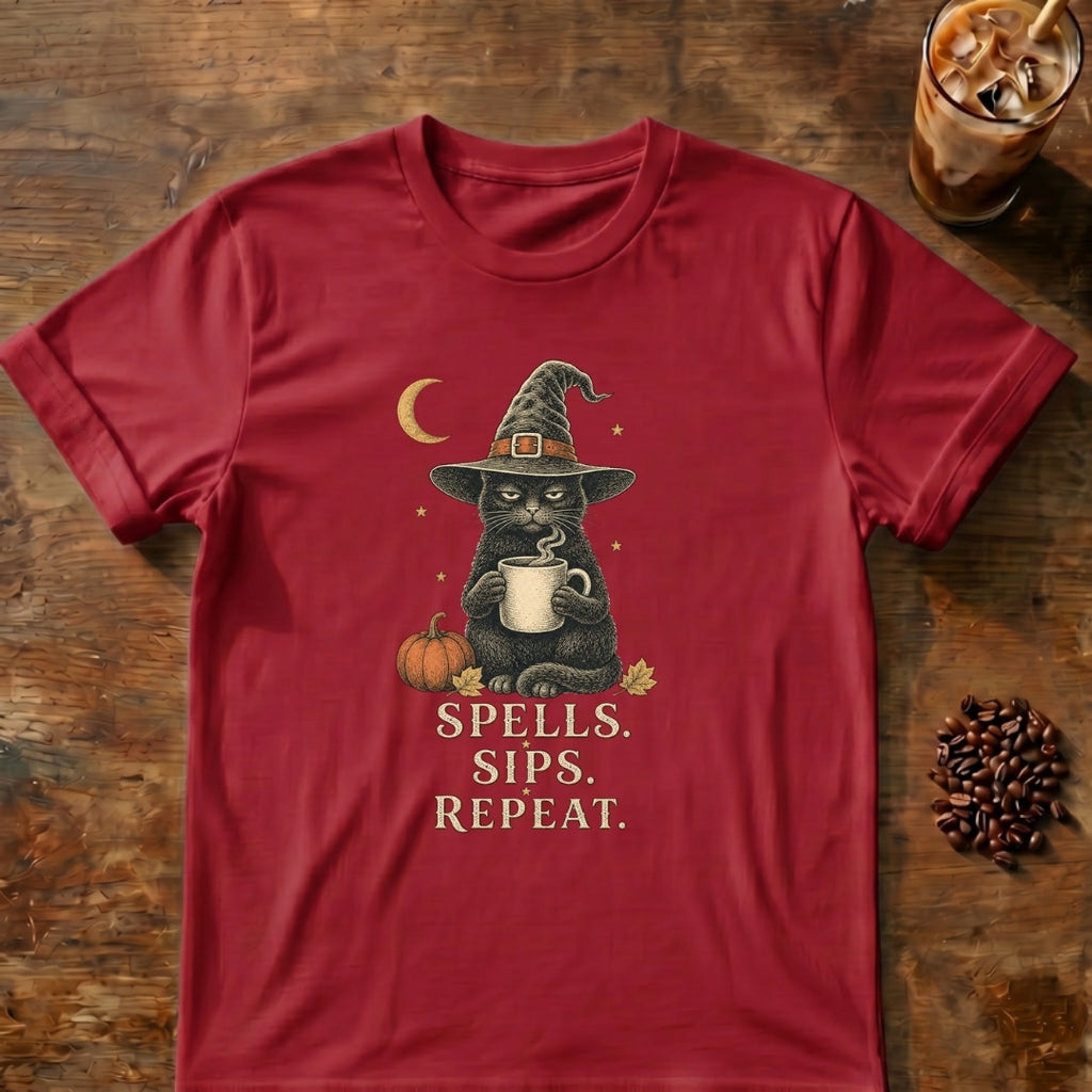 Cat graphic for Spells Sips Repeat Cat on Cardinal-Red T-shirt