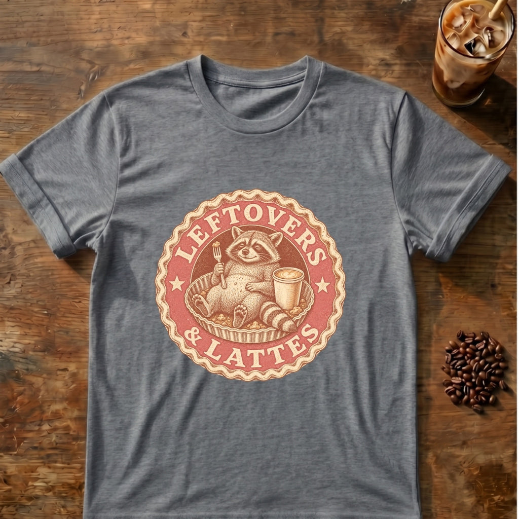 Raccoon graphic for Leftovers & Lattes Raccoon on Graphite-Heather T-shirt