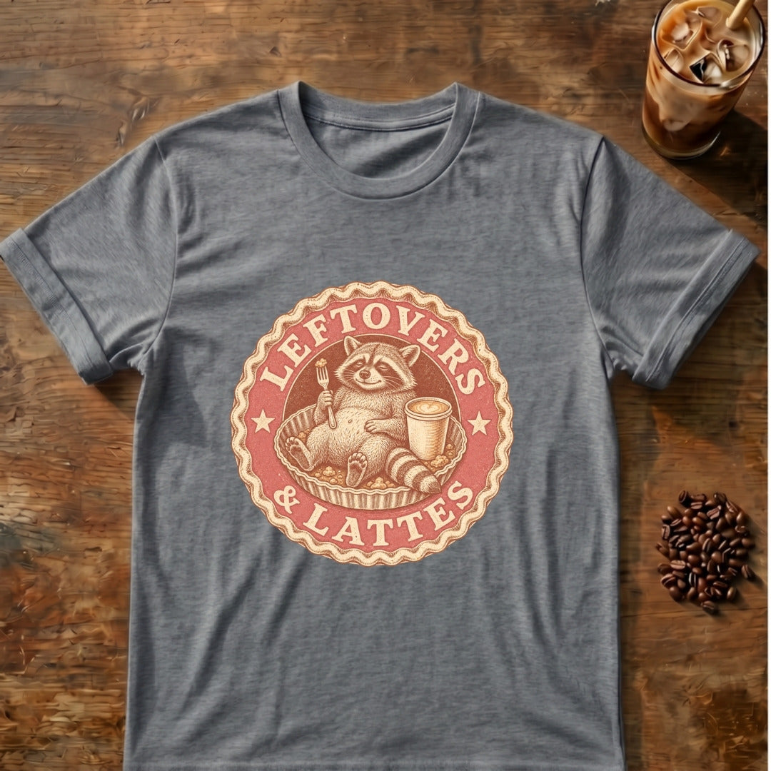 Raccoon graphic for Leftovers & Lattes Raccoon on Graphite-Heather T-shirt