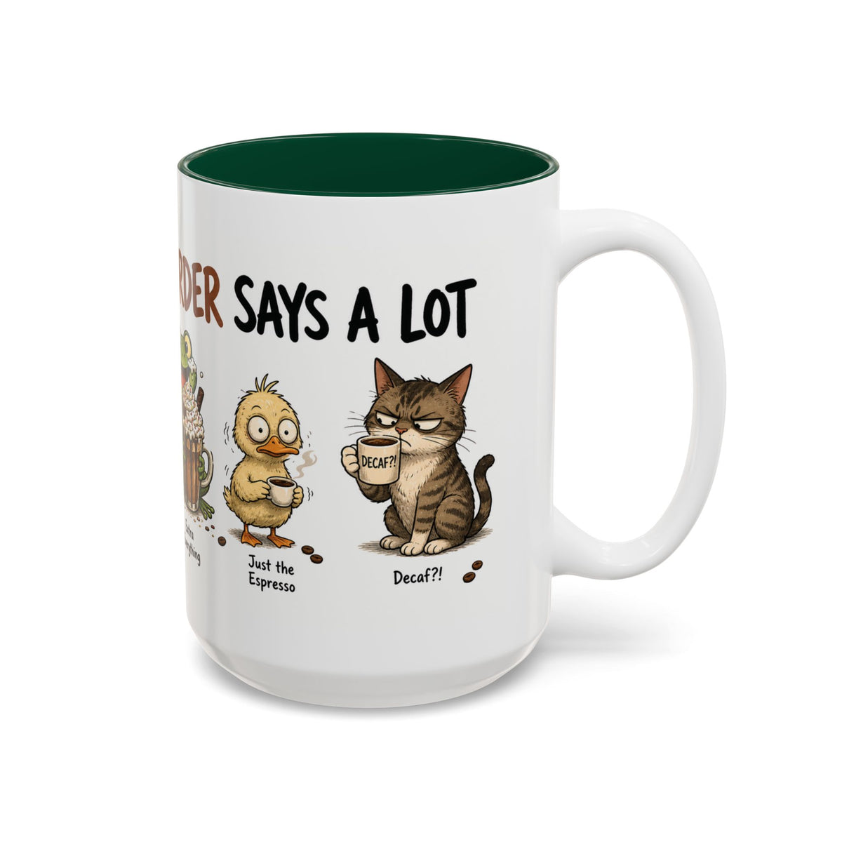 Coffee Order Personalities Animal Mug, another view. Wraparound mug of cute cartoon animals, each matched to a different coffee order