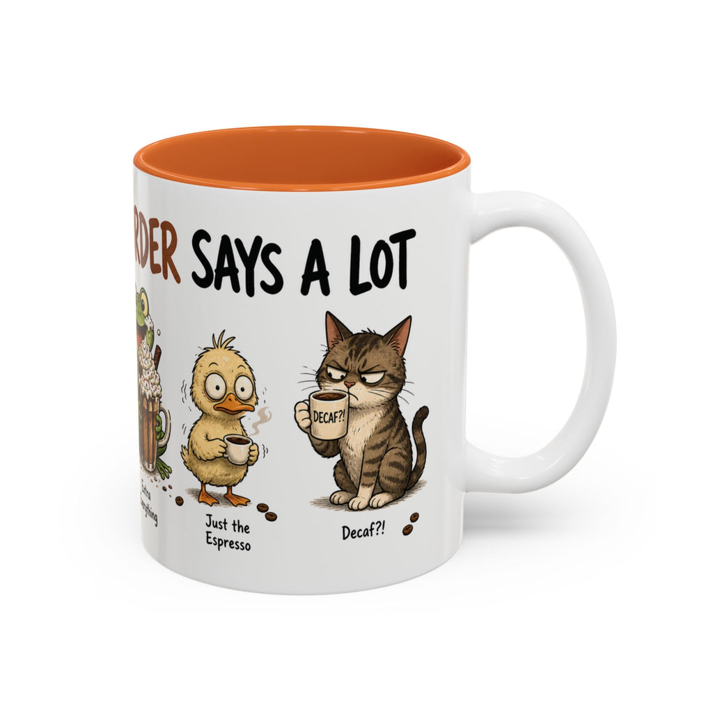 Coffee Order Personalities Animal Mug, another view. Wraparound mug of cute cartoon animals, each matched to a different coffee order