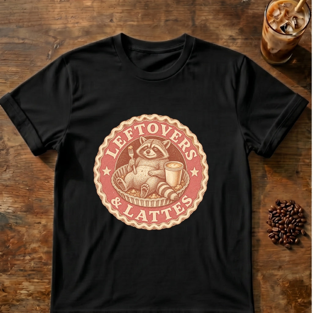 Raccoon graphic for Leftovers & Lattes Raccoon on Black T-shirt