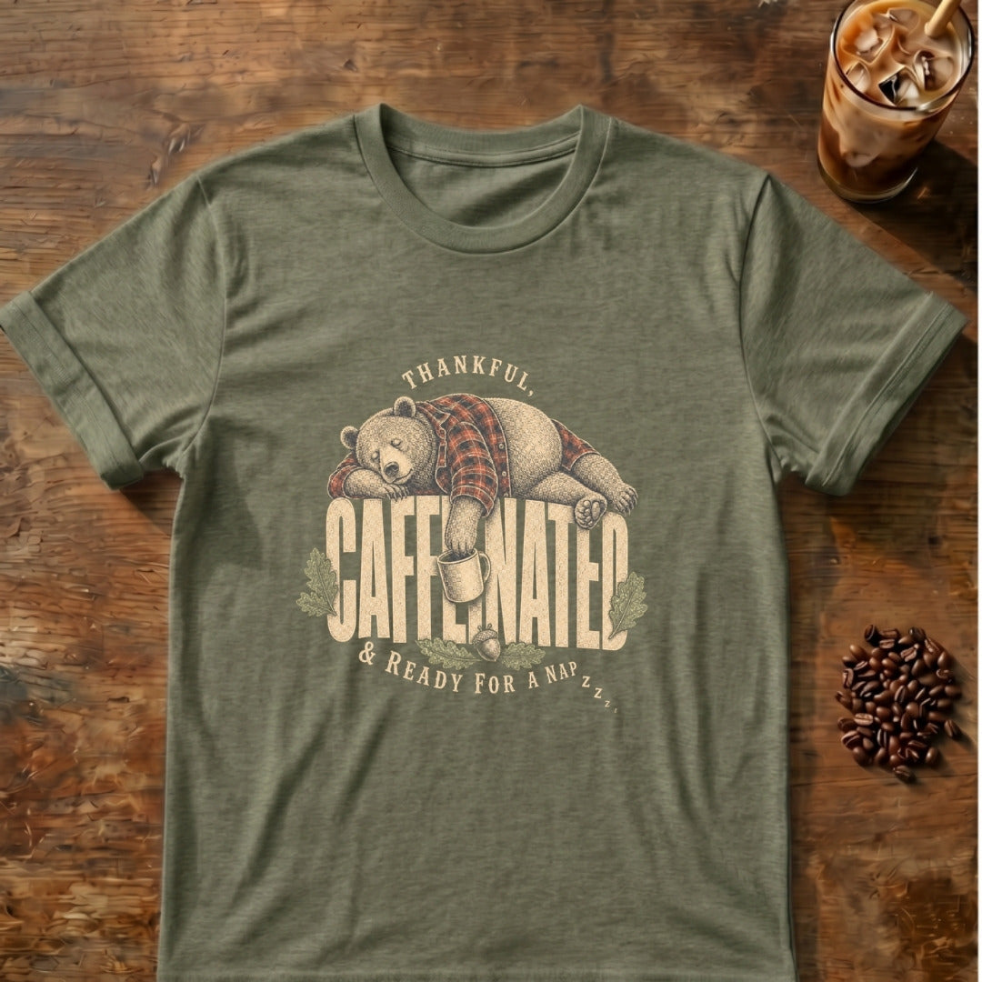 Bear graphic for Thankful Caffeinated Bear on Heather-Military-Green T-shirt