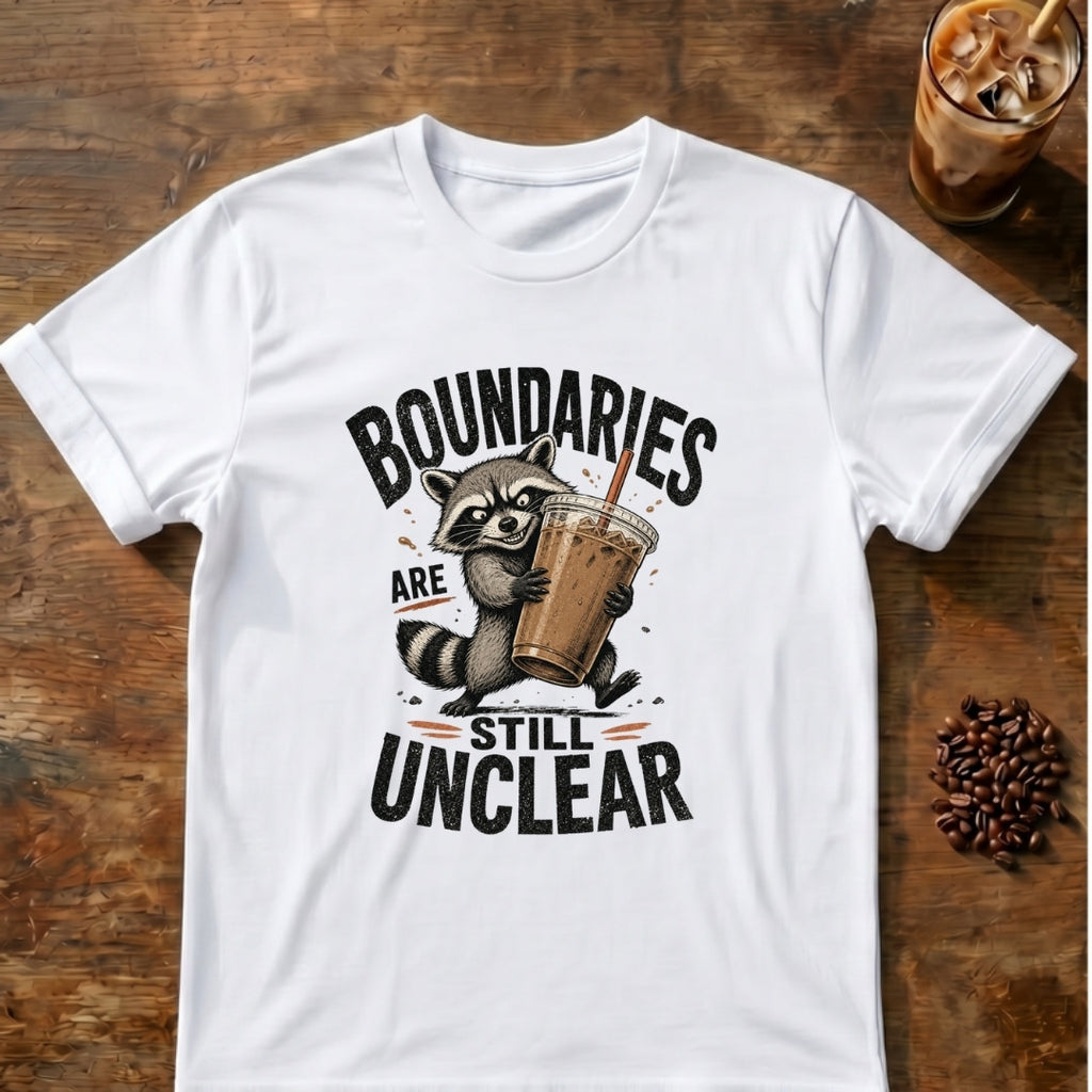 Raccoon hurrying off with a giant iced coffee with the words Boundaries Are Still Unclear on a White T-shirt.