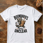 Raccoon hurrying off with a giant iced coffee with the words Boundaries Are Still Unclear on a White T-shirt.