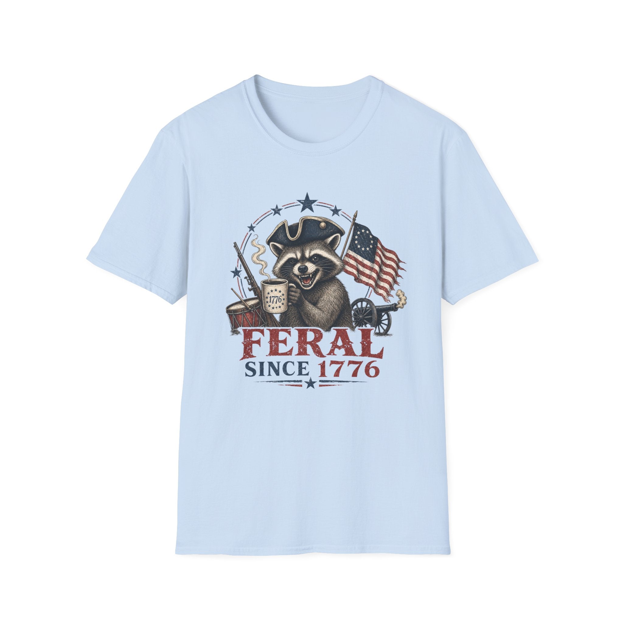 Feral Since 1776 T-Shirt — Patriotic Raccoon Flag Tee