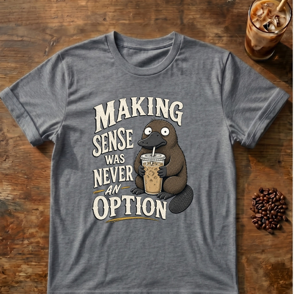 Platypus graphic for Making Sense Was Never an Option Platypus on Graphite-Heather T-shirt