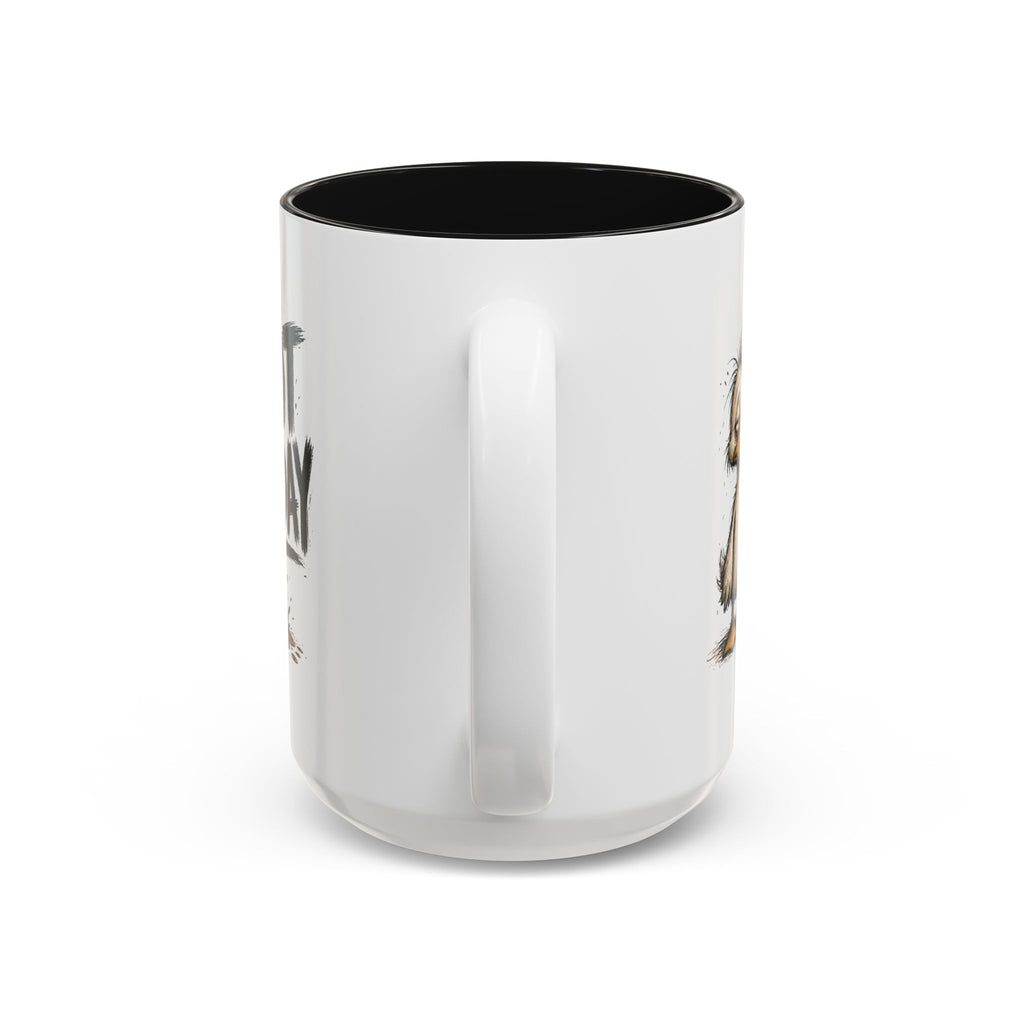 Not Today Duck Coffee Mug, another view. Wild-haired duck watching his coffee spill from a tipped mug