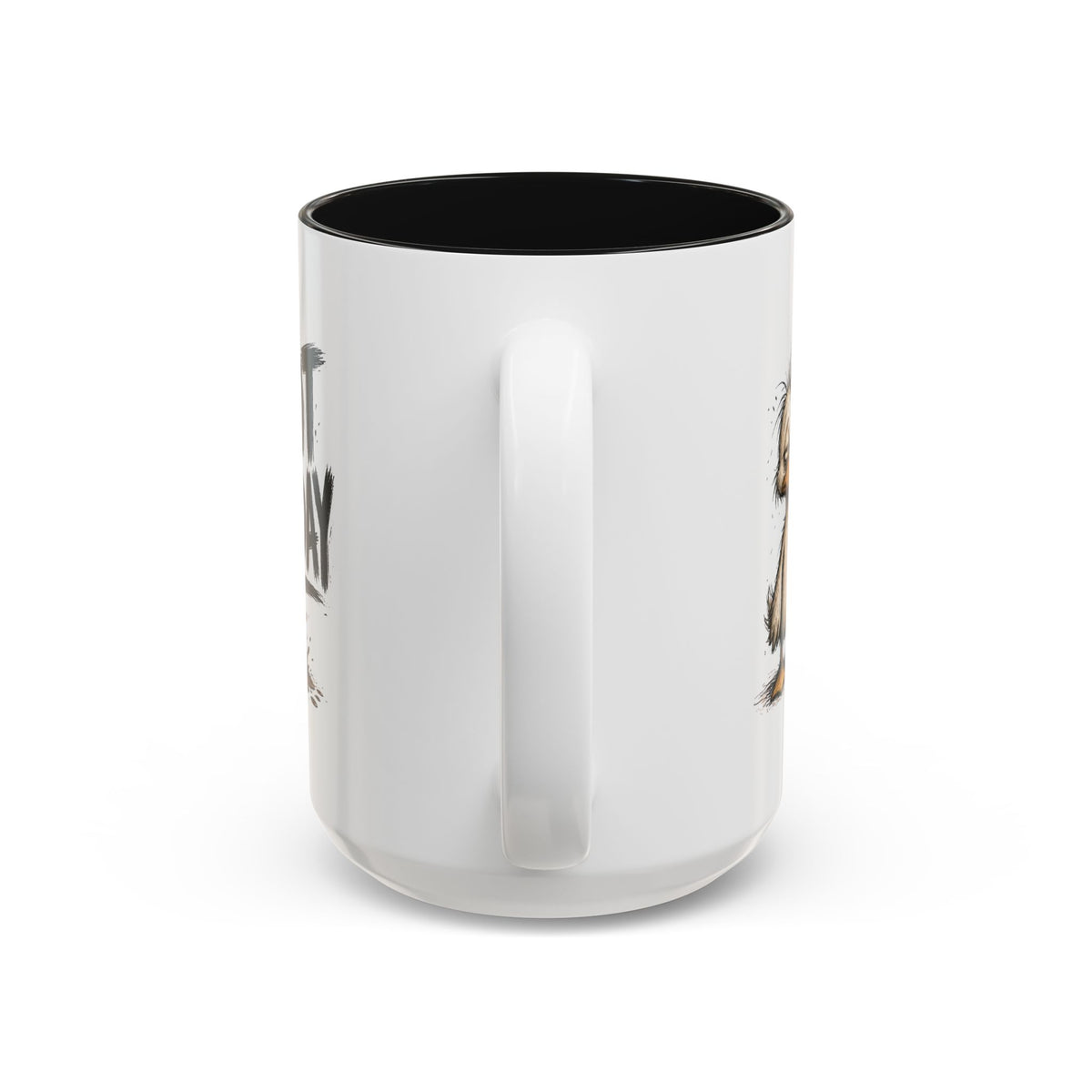 Not Today Duck Coffee Mug, another view. Wild-haired duck watching his coffee spill from a tipped mug