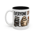 Everyone Copes Differently Animal Coffee Mug, 11 oz, white with black interior. Wraparound mug with a raccoon, sloth, squirrel, duck and otter coping with coffee under “Everyone Copes Differently”