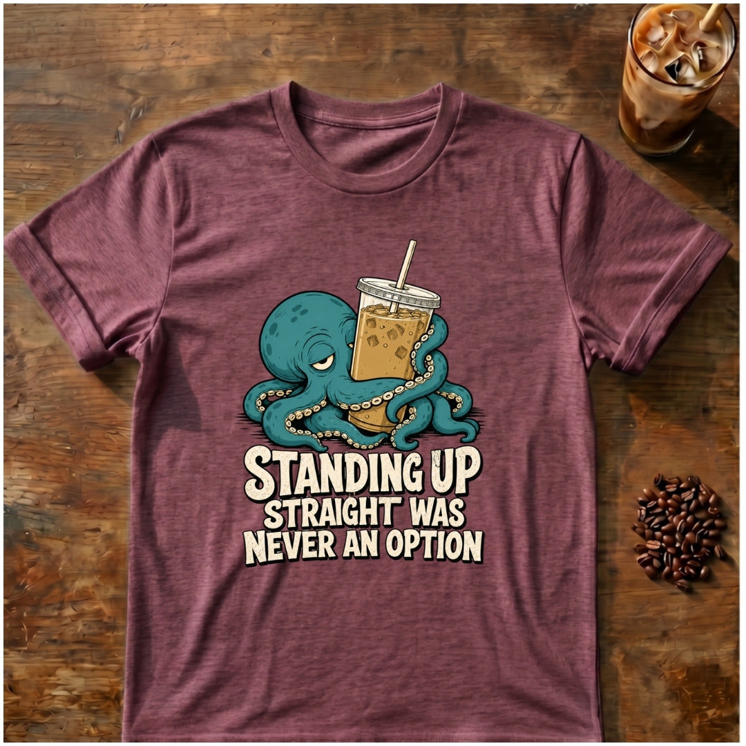 Octopus graphic for Standing Up Straight Octopus on heather-maroon T-shirt