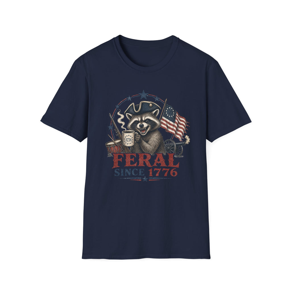 Feral Since 1776 T-Shirt — Patriotic Raccoon Flag Tee