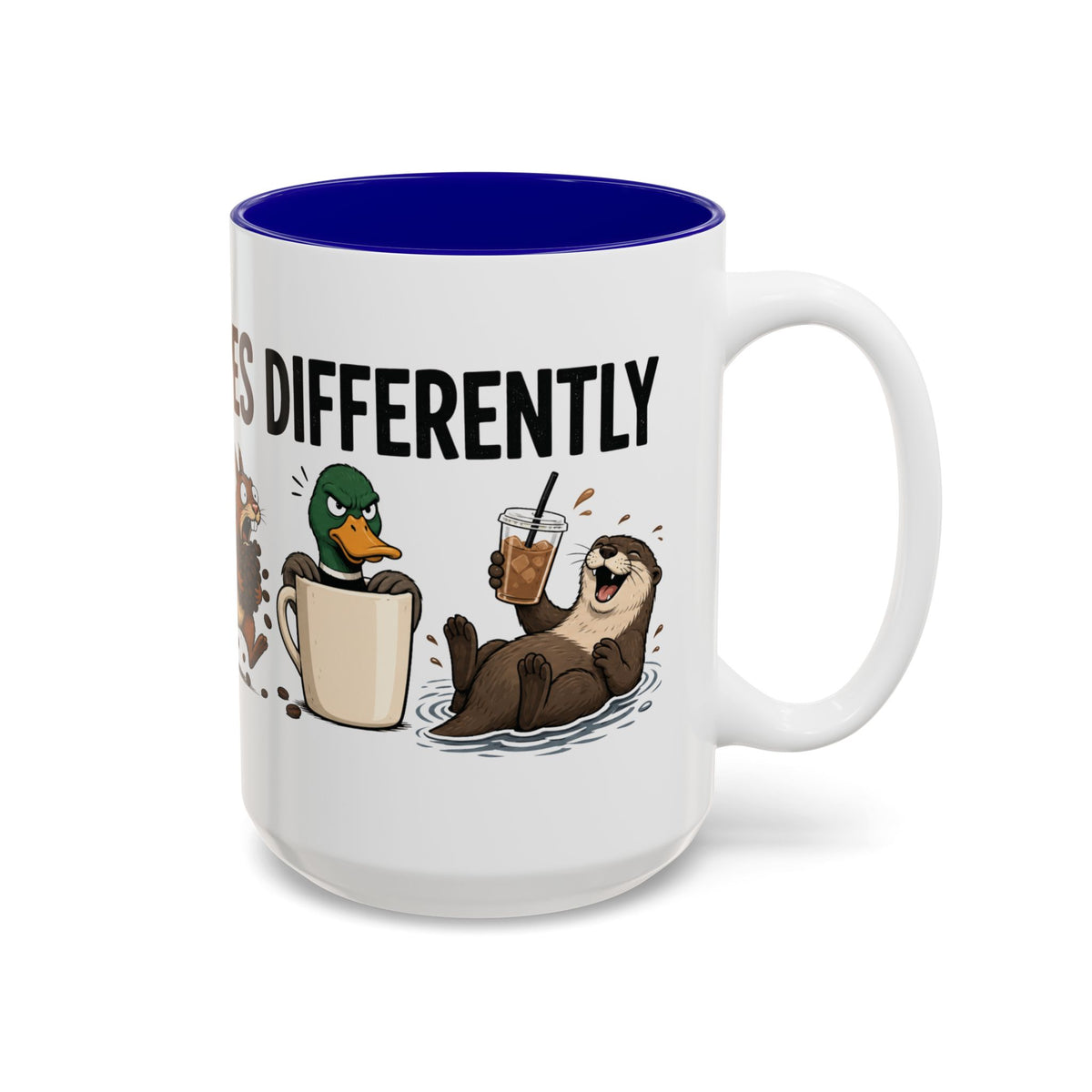 Everyone Copes Differently Animal Coffee Mug, another view. Wraparound mug with a raccoon, sloth, squirrel, duck and otter coping with coffee under “Everyone Copes Differently”