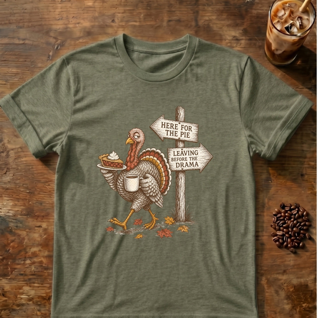 Turkey graphic for Here for the Pie Turkey on Heather-Military-Green T-shirt