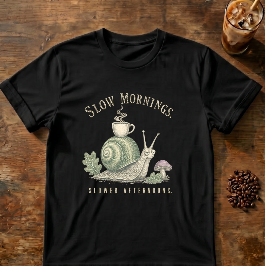 Content snail balancing a steaming coffee cup on its shell among mushrooms and leaves with the words Slow Mornings. Slower Afternoons on a Black T-shirt.