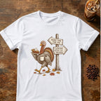 Sly turkey carrying pie and coffee past a wooden signpost with the words Here for the Pie and Leaving Before the Drama on a White T-shirt.
