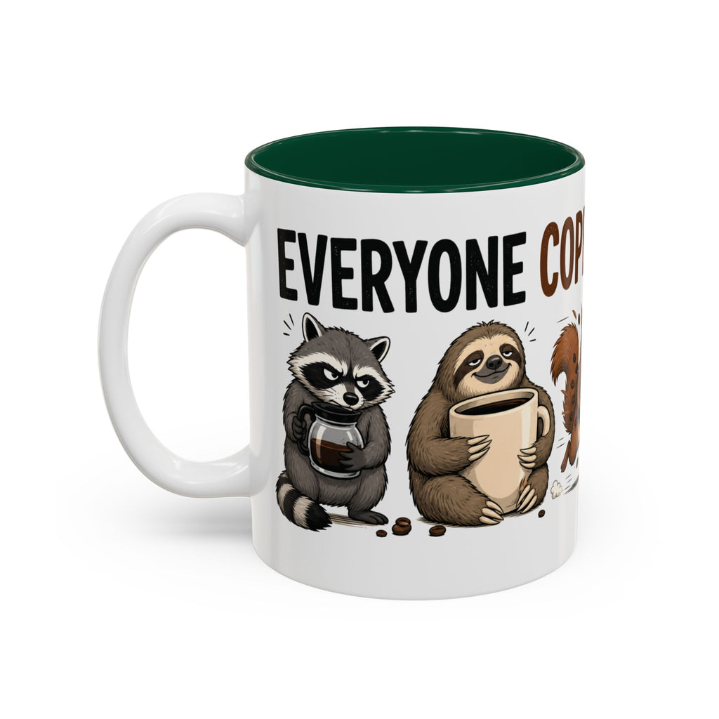 Everyone Copes Differently Animal Coffee Mug, 11 oz, white with green interior. Wraparound mug with a raccoon, sloth, squirrel, duck and otter coping with coffee under “Everyone Copes Differently”