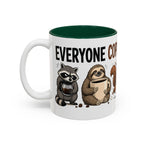 Everyone Copes Differently Animal Coffee Mug, 11 oz, white with green interior. Wraparound mug with a raccoon, sloth, squirrel, duck and otter coping with coffee under “Everyone Copes Differently”