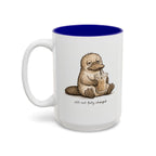 Still Not Fully Charged Platypus Coffee Mug, another view. Sleepy platypus sipping iced coffee with “still not fully charged” text
