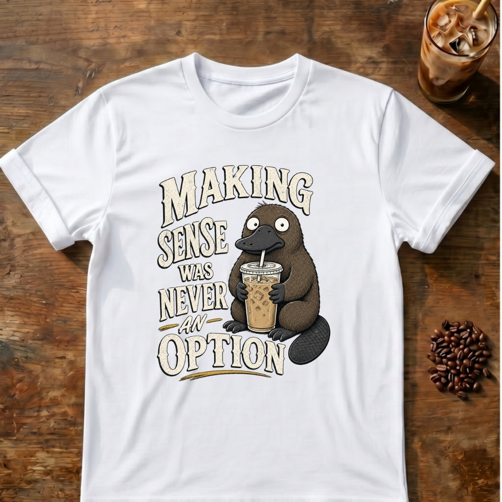 Wide-eyed platypus sipping an iced coffee beside the words Making Sense Was Never an Option on a White T-shirt.