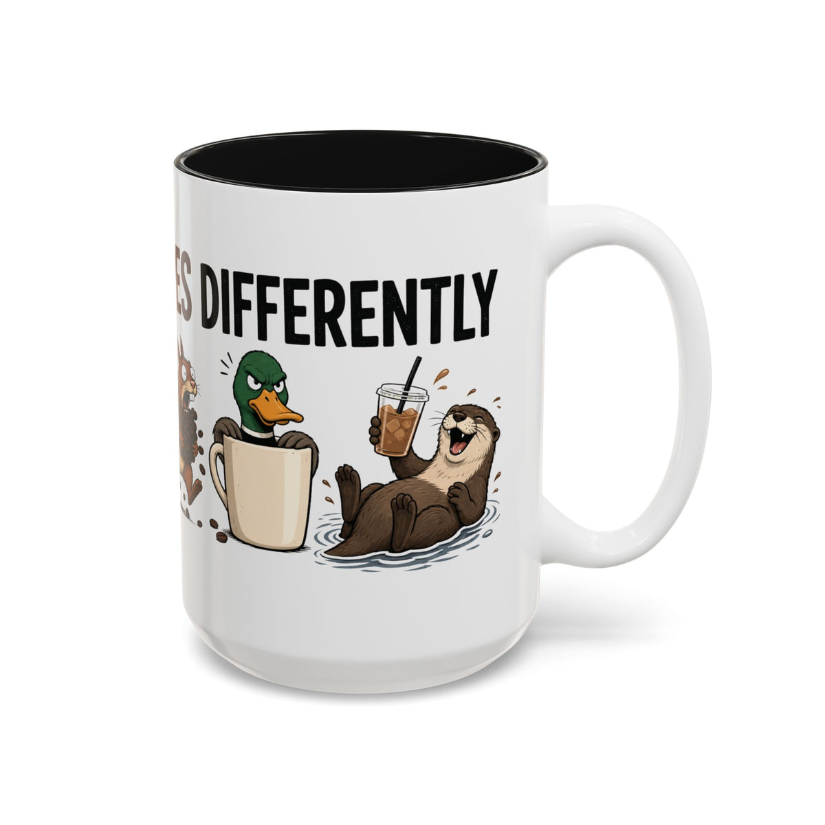 Everyone Copes Differently Animal Coffee Mug, another view. Wraparound mug with a raccoon, sloth, squirrel, duck and otter coping with coffee under “Everyone Copes Differently”