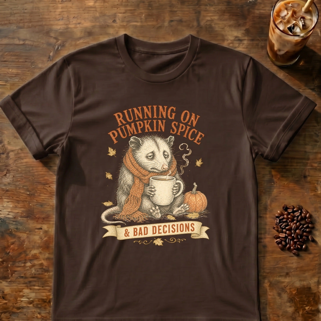 Opossum graphic for Pumpkin Spice & Bad Decisions Opossum on Dark-Chocolate T-shirt