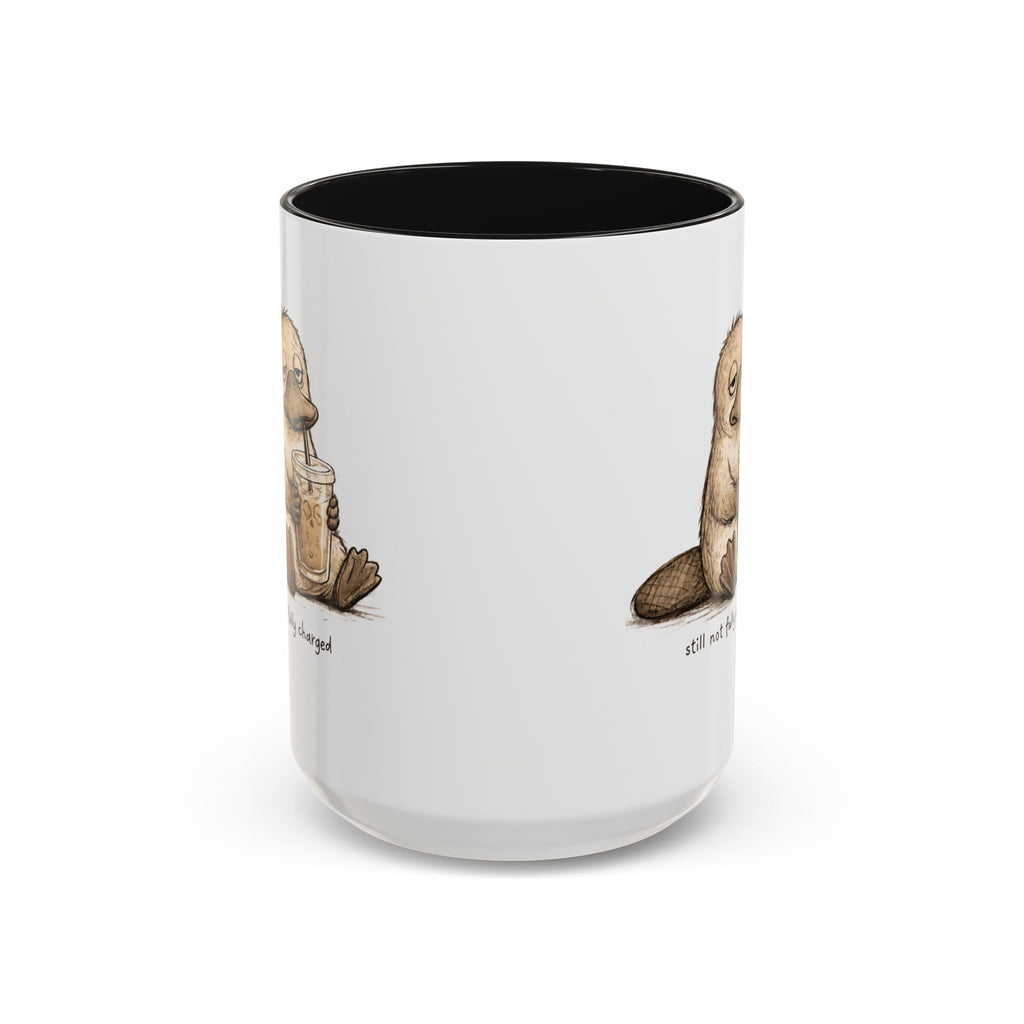 Still Not Fully Charged Platypus Coffee Mug, another view. Sleepy platypus sipping iced coffee with “still not fully charged” text
