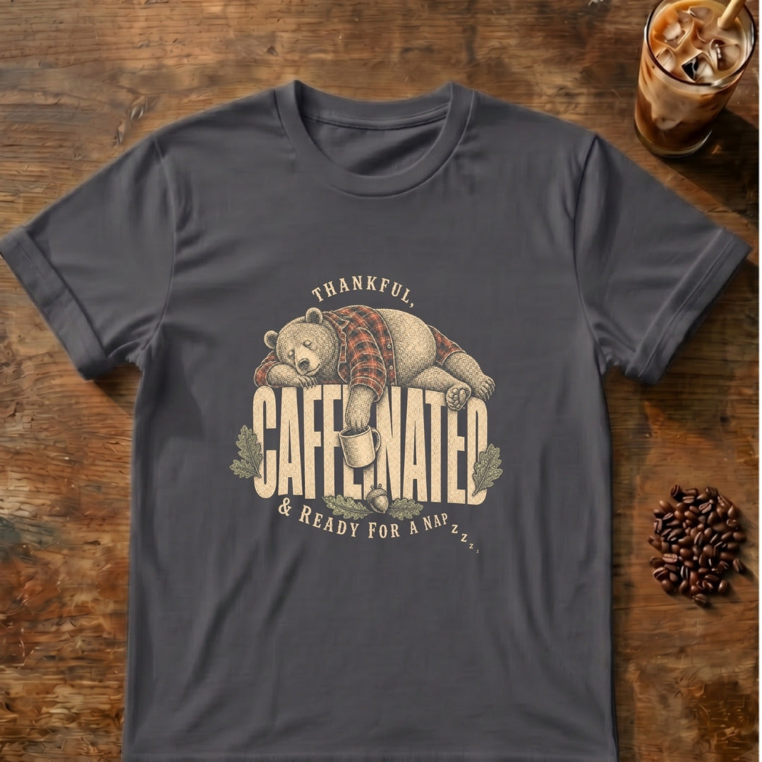 Bear graphic for Thankful Caffeinated Bear on Charcoal T-shirt