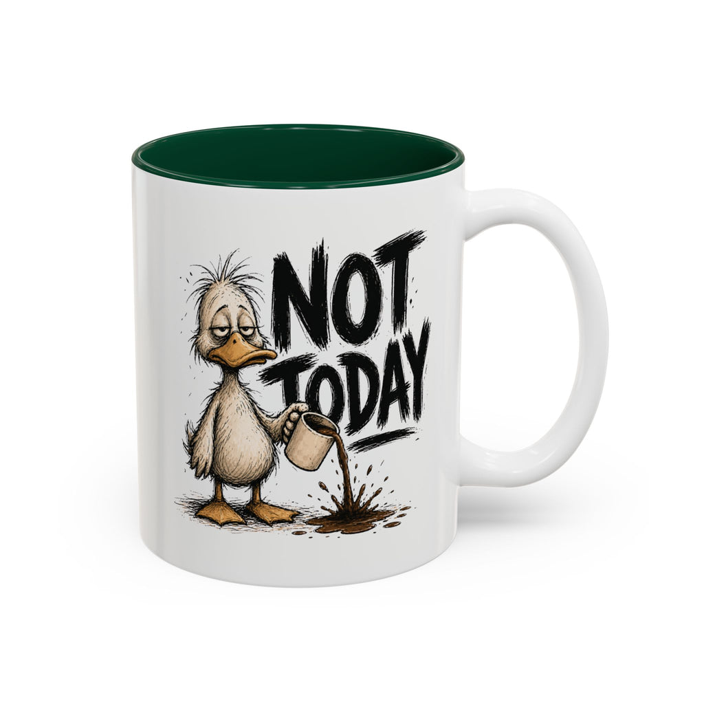 Not Today Duck Coffee Mug, another view. Wild-haired duck watching his coffee spill from a tipped mug