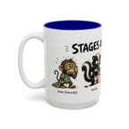 Stages of Morning Animal Coffee Mug, 15 oz, white with blue interior. Wraparound mug of cute animals, including a koala and a skunk, going through the “Stages of Morning” with coffee