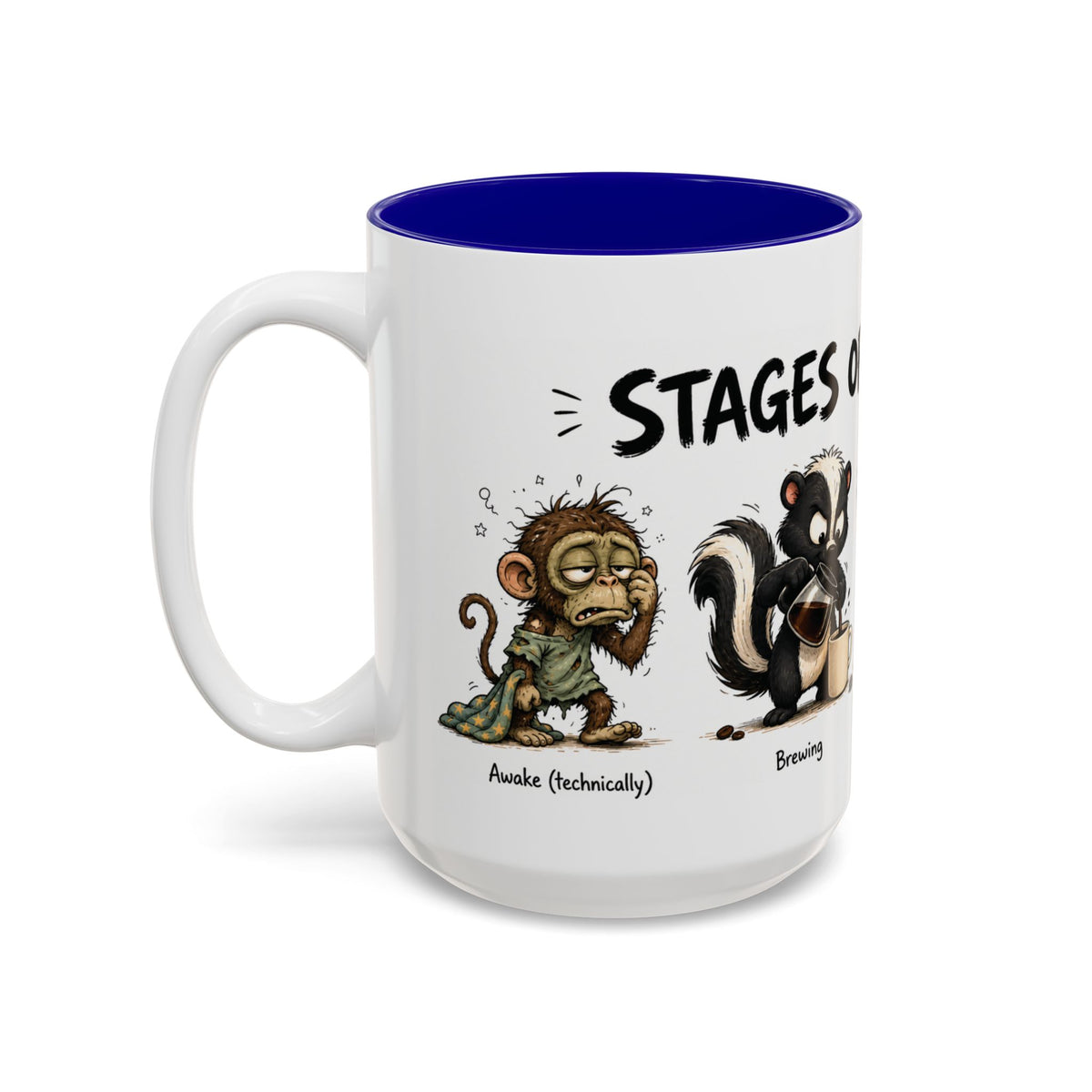 Stages of Morning Animal Coffee Mug, 15 oz, white with blue interior. Wraparound mug of cute animals, including a koala and a skunk, going through the “Stages of Morning” with coffee