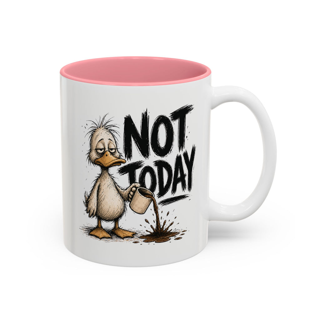 Not Today Duck Coffee Mug, another view. Wild-haired duck watching his coffee spill from a tipped mug