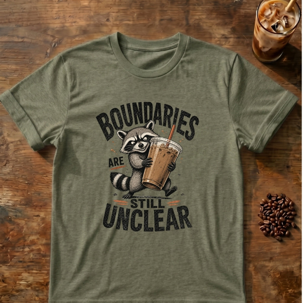 Raccoon graphic for Boundaries Are Still Unclear Raccoon on Heather-Military-Green T-shirt