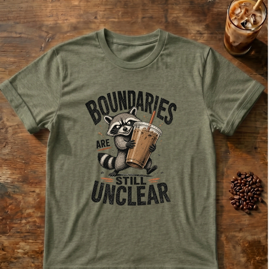 Raccoon graphic for Boundaries Are Still Unclear Raccoon on Heather-Military-Green T-shirt