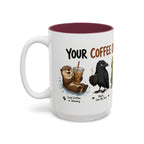 Coffee Order Personalities Animal Mug, 15 oz, white with maroon interior. Wraparound mug of cute cartoon animals, each matched to a different coffee order