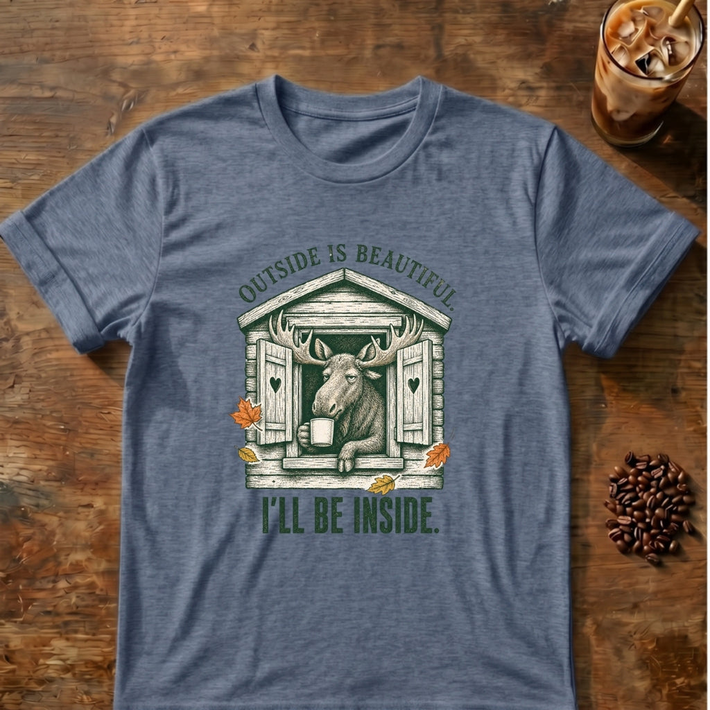 Moose graphic for Outside Is Beautiful Moose on Heather-Indigo T-shirt