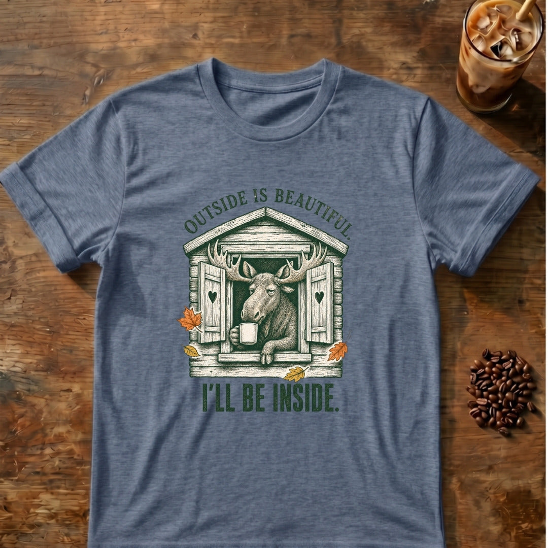 Moose graphic for Outside Is Beautiful Moose on Heather-Indigo T-shirt