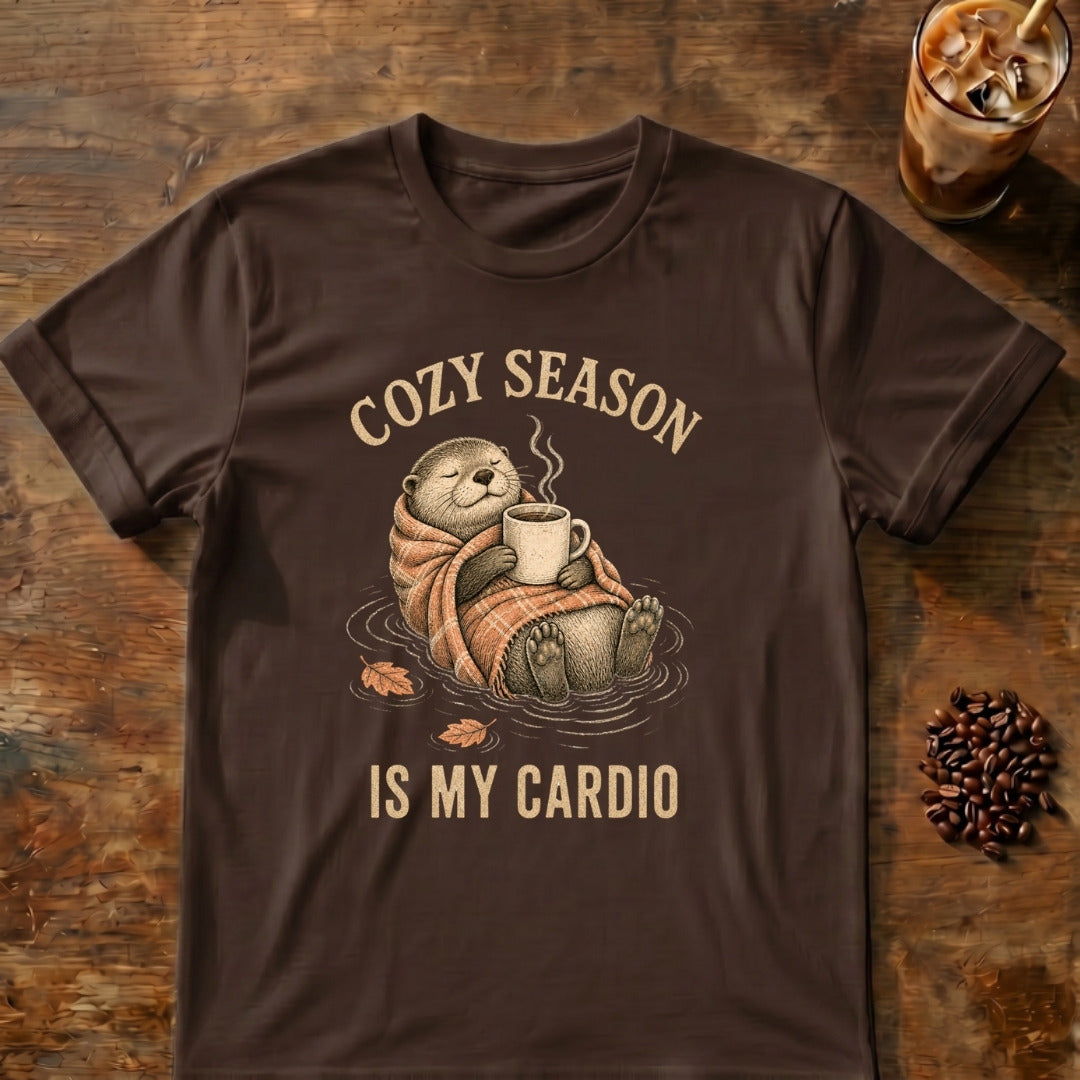 Otter graphic for Cozy Season Is My Cardio Otter on Dark-Chocolate T-shirt