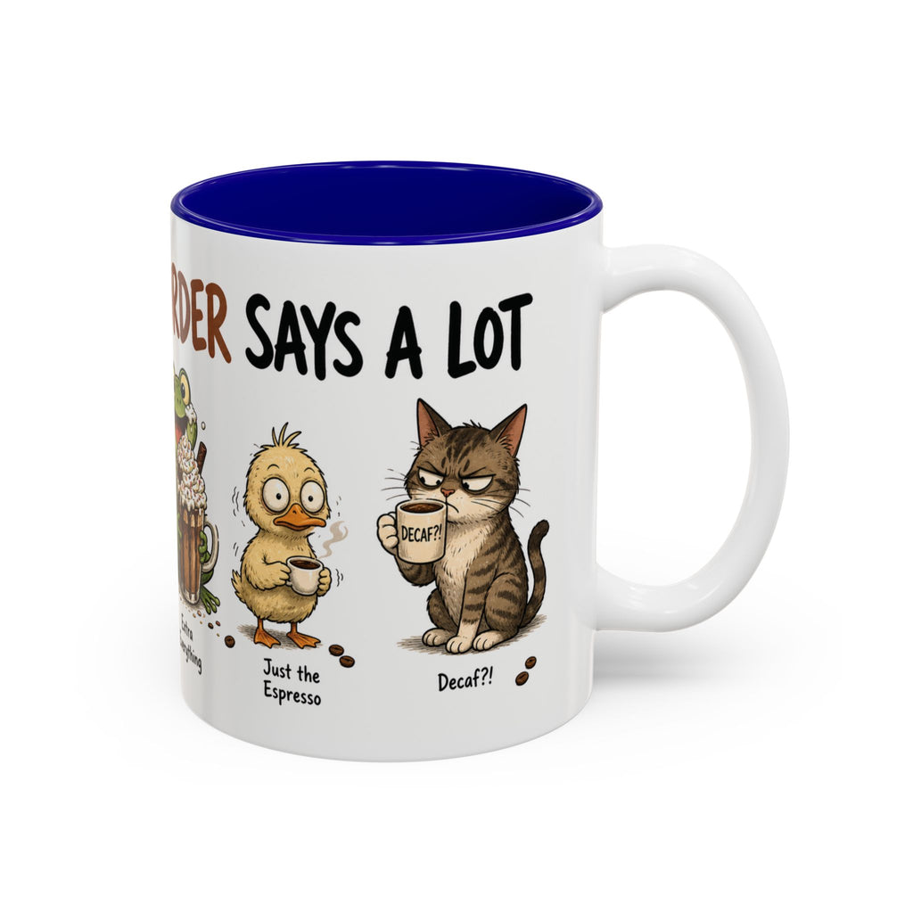 Coffee Order Personalities Animal Mug, another view. Wraparound mug of cute cartoon animals, each matched to a different coffee order
