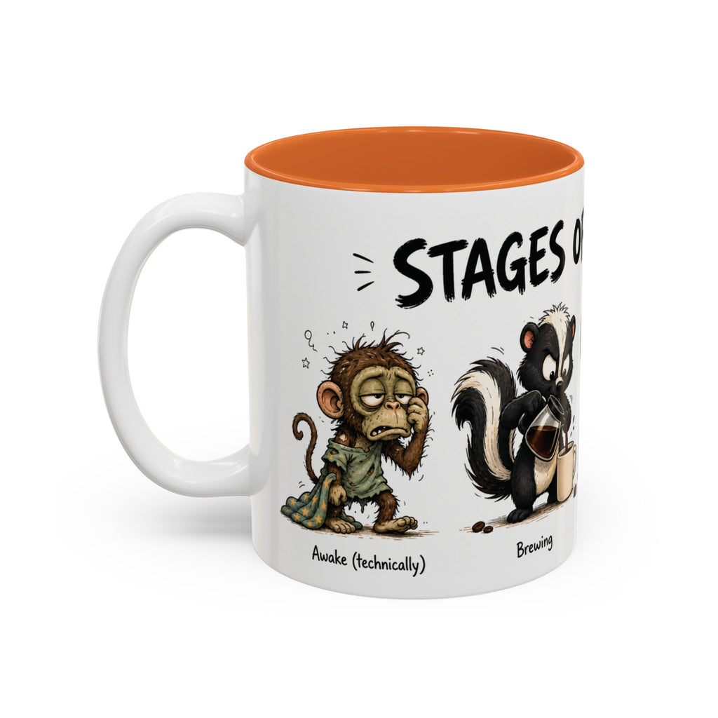 Stages of Morning Animal Coffee Mug, 11 oz, white with orange interior. Wraparound mug of cute animals, including a koala and a skunk, going through the “Stages of Morning” with coffee