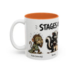 Stages of Morning Animal Coffee Mug, 11 oz, white with orange interior. Wraparound mug of cute animals, including a koala and a skunk, going through the “Stages of Morning” with coffee