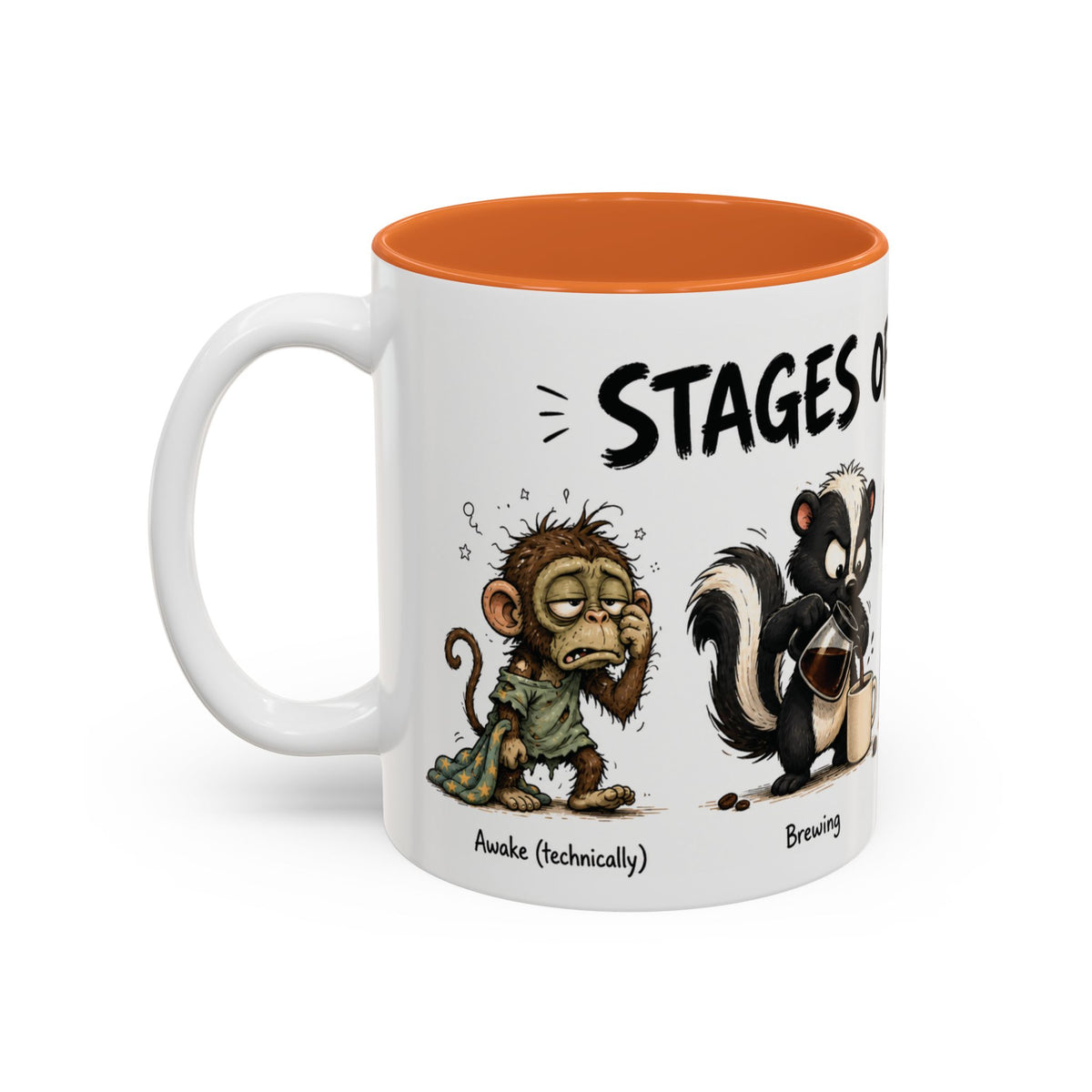 Stages of Morning Animal Coffee Mug, 11 oz, white with orange interior. Wraparound mug of cute animals, including a koala and a skunk, going through the “Stages of Morning” with coffee