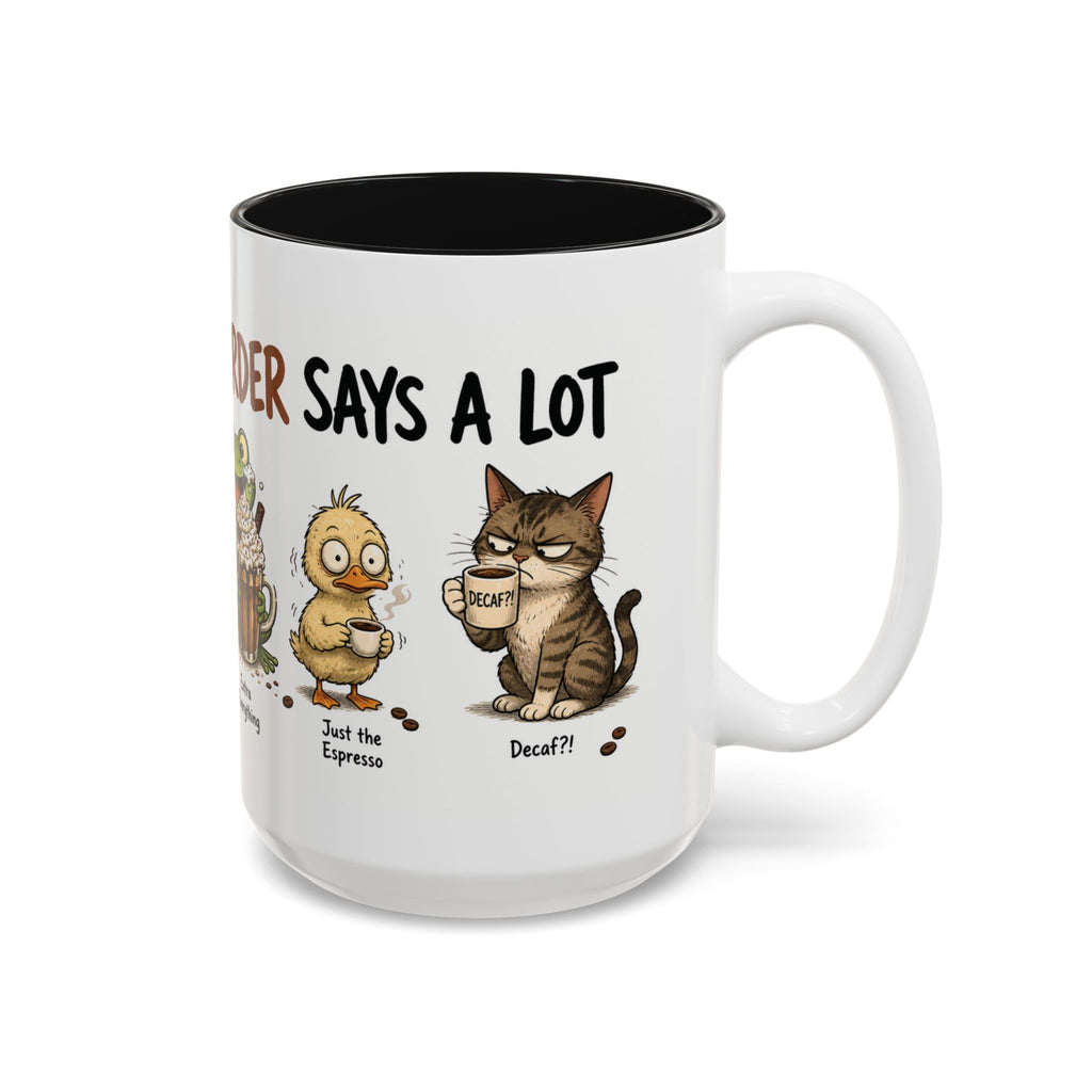 Coffee Order Personalities Animal Mug, another view. Wraparound mug of cute cartoon animals, each matched to a different coffee order