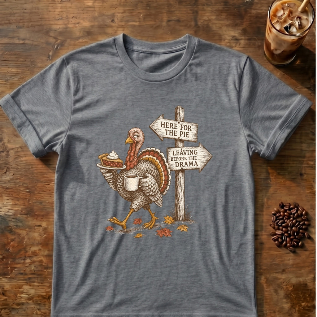 Turkey graphic for Here for the Pie Turkey on Graphite-Heather T-shirt