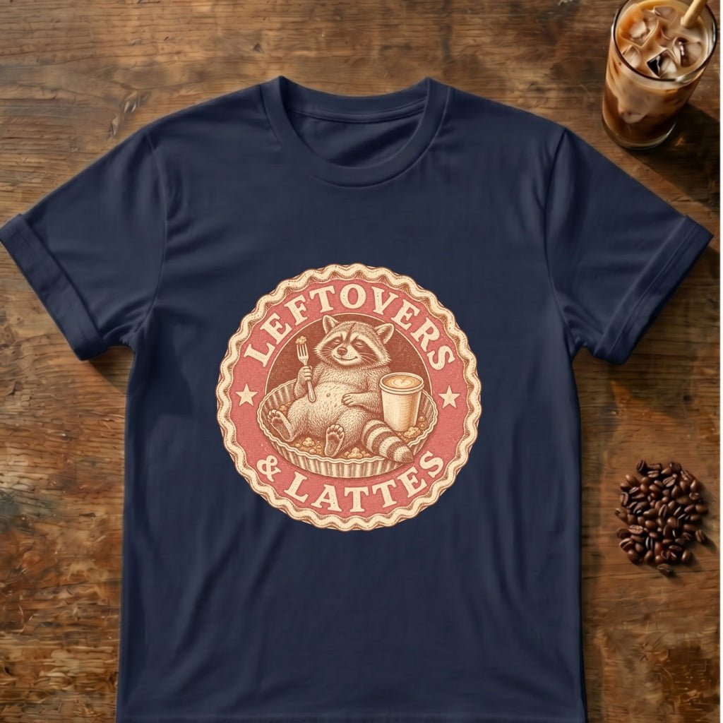 Raccoon graphic for Leftovers & Lattes Raccoon on Navy T-shirt