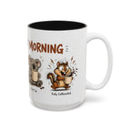 Stages of Morning Animal Coffee Mug, another view. Wraparound mug of cute animals, including a koala and a skunk, going through the “Stages of Morning” with coffee