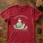 Snail graphic for Slow Mornings Snail on Cardinal-Red T-shirt