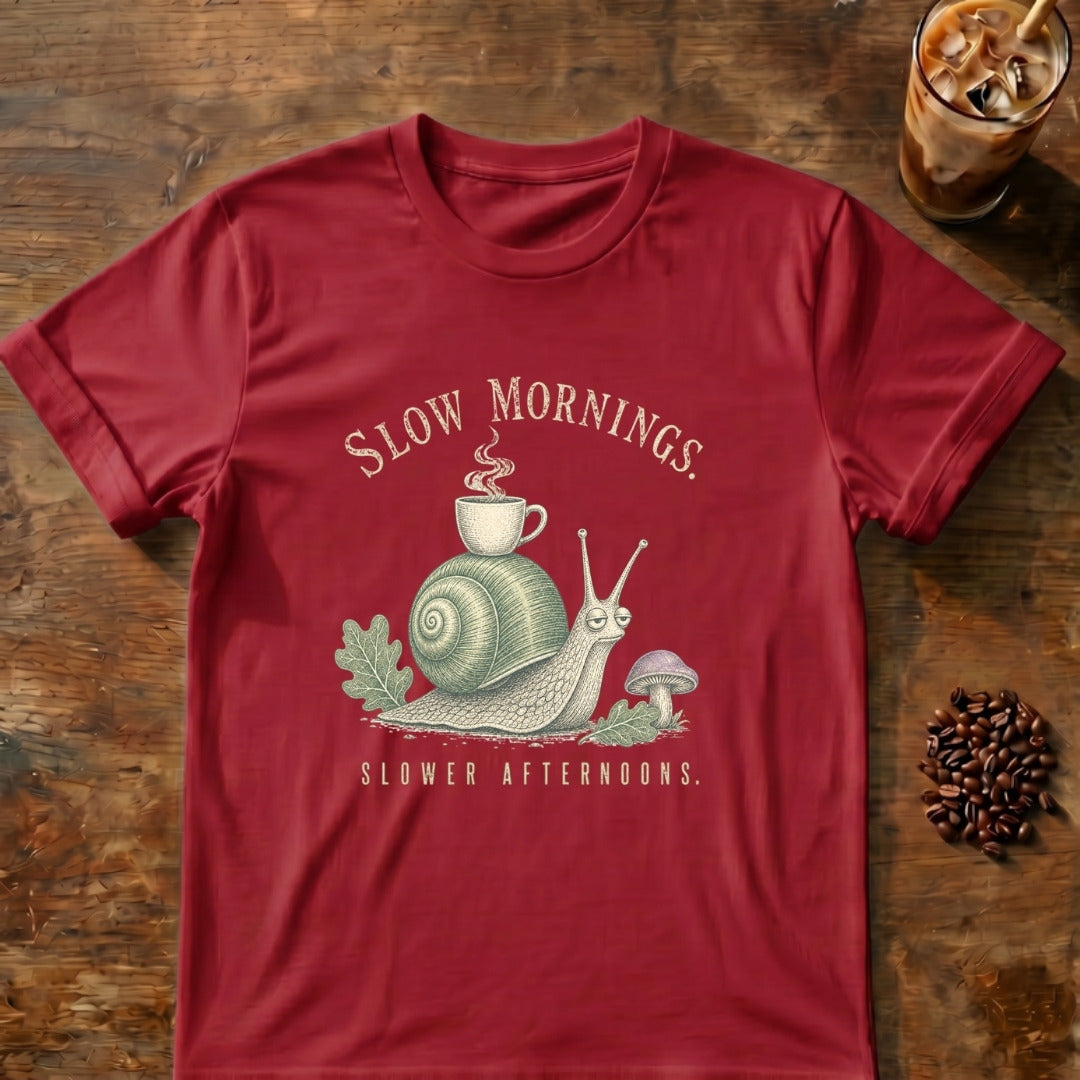 Snail graphic for Slow Mornings Snail on Cardinal-Red T-shirt