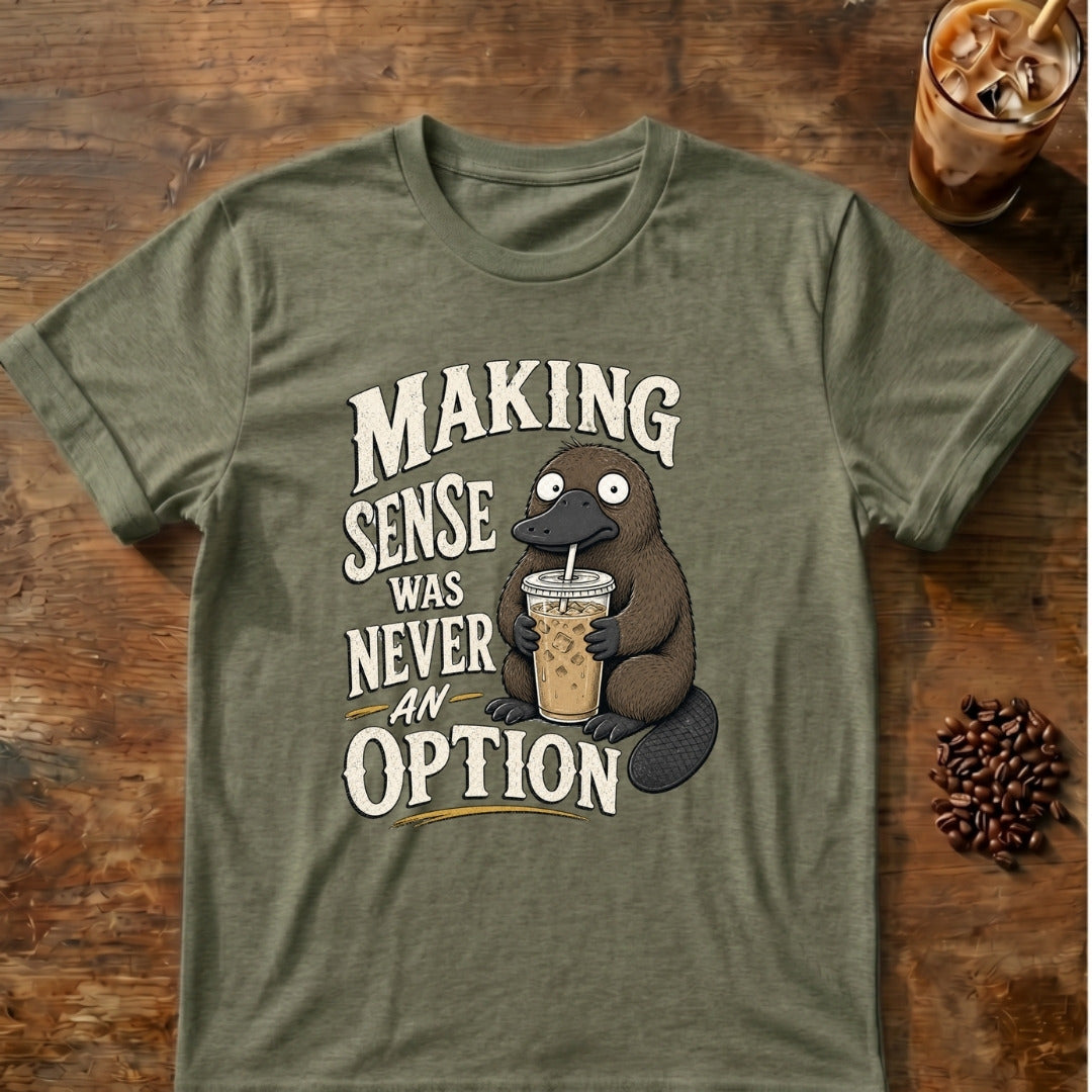 Platypus graphic for Making Sense Was Never an Option Platypus on Heather-Military-Green T-shirt